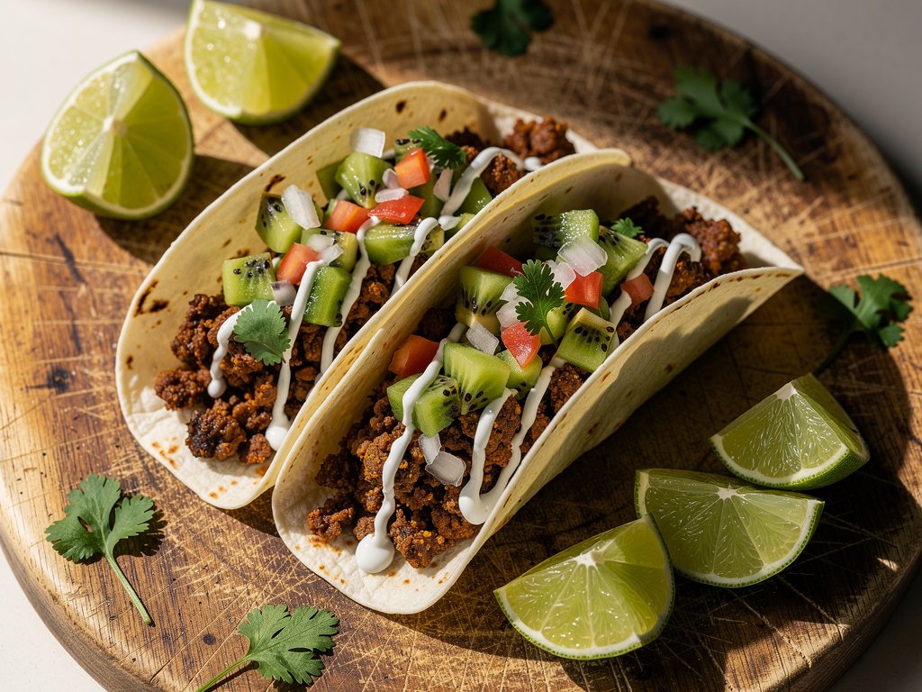 Smoky Veggie Chorizo Tacos with Kiwi Salsa and Lime Crema
