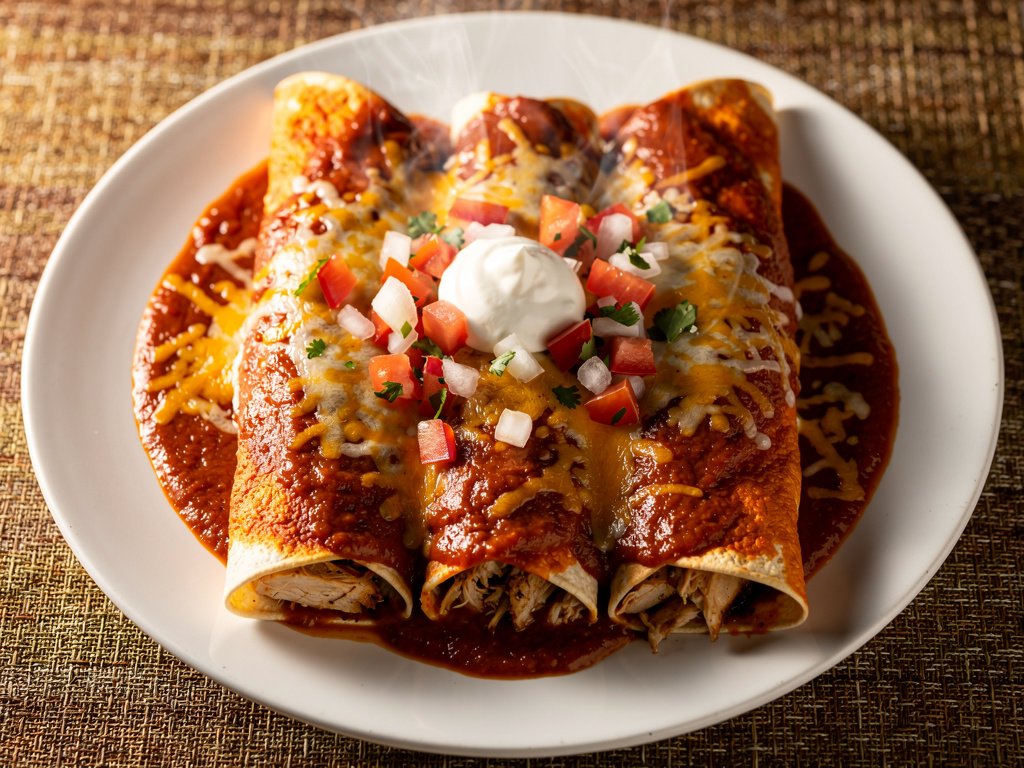 Smothered Chicken Enchiladas with Red Chili Sauce and Pico de Gallo