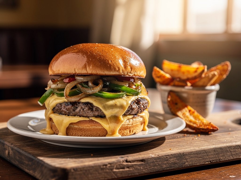 Smothered Pepper Jack Burgers with Spicy Ketchup and BBQ Potato Wedges