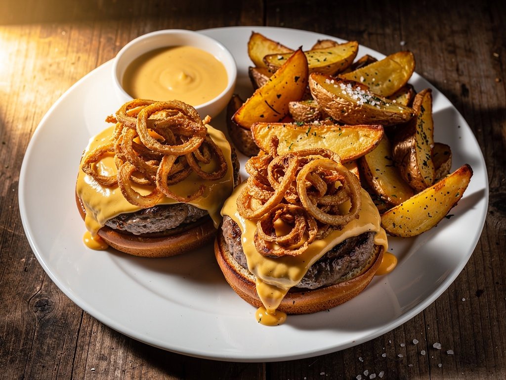 Smothered Pork Burgers with Jalapeño Cheese Sauce and Crispy Onions
