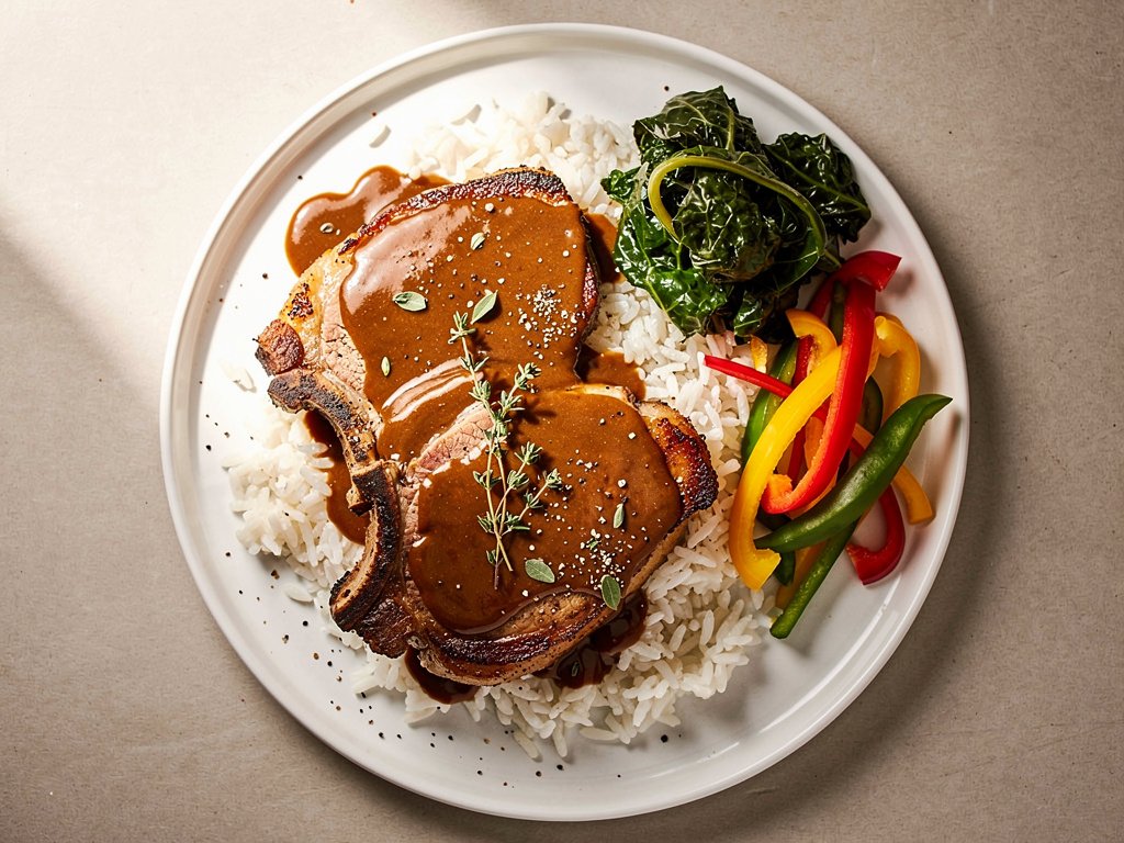 Smothered Pork Chops with Gravy, Braised Peppers & Collard Greens