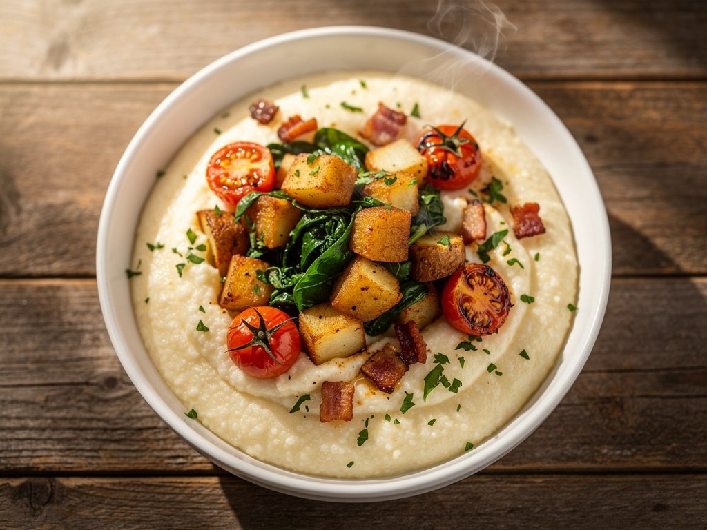 Southern-Style Breakfast Grits with Bacon, Roasted Tomatoes, and Spinach Potato Hash