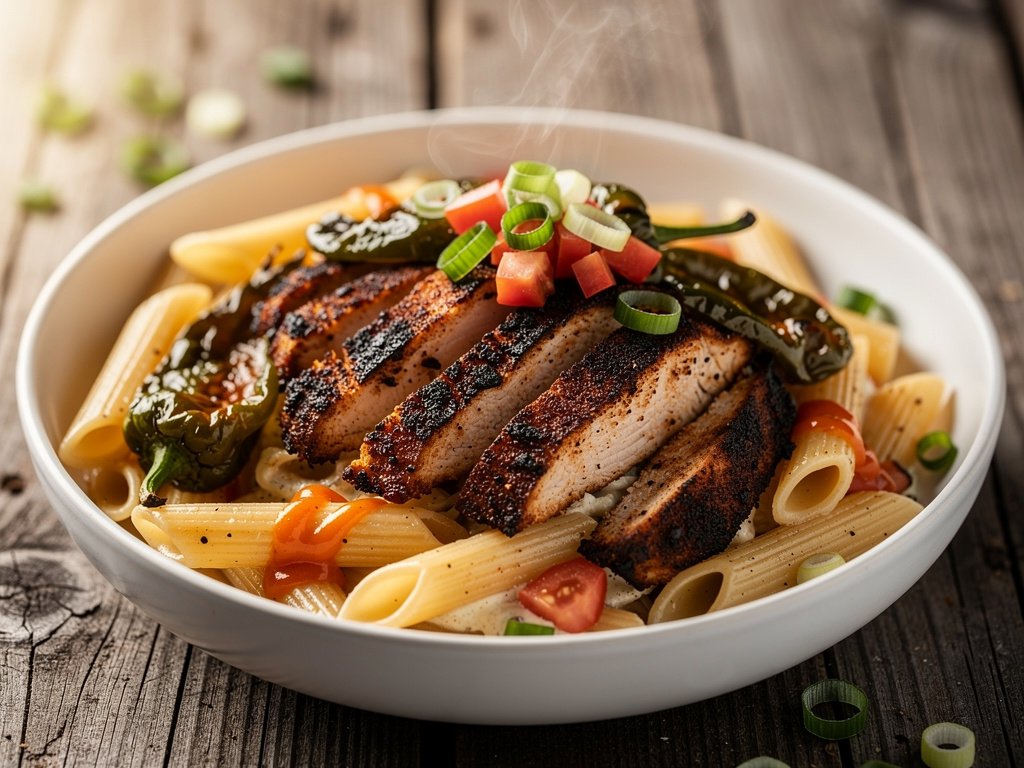 Southwest Blackened Chicken Penne with Charred Poblano and Monterey Jack