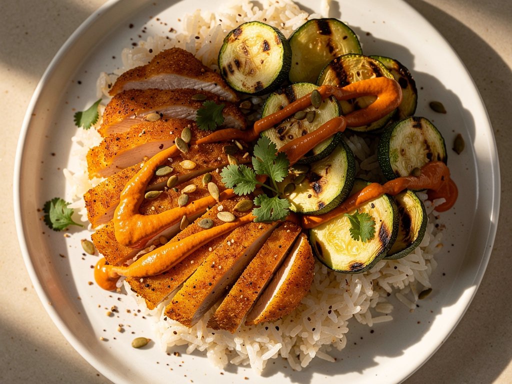 Southwest Chicken with Cumin Rice and Roasted Zucchini