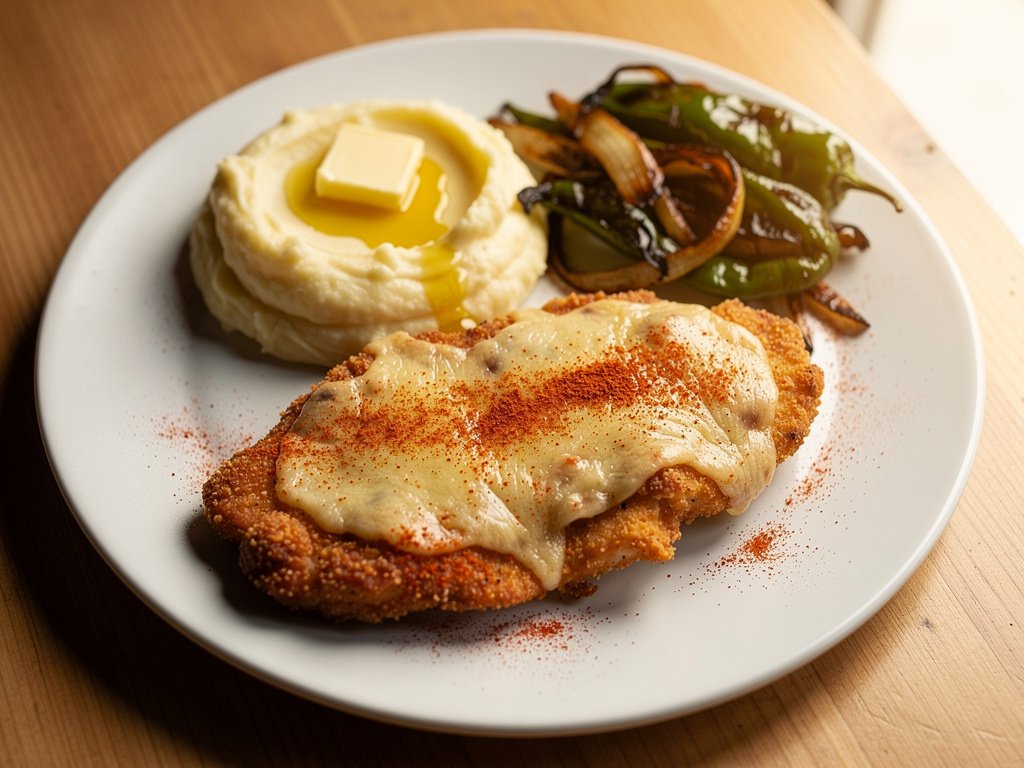 Southwest Crispy Chicken Cutlets with Creamy Mashed Potatoes and Roasted Poblano & Onions