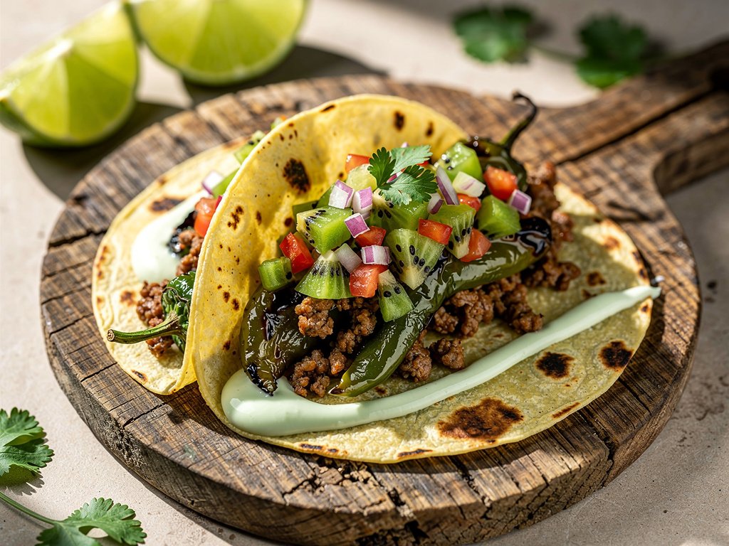Southwest Ground Pork Tacos with Kiwi Salsa and Lime Crema