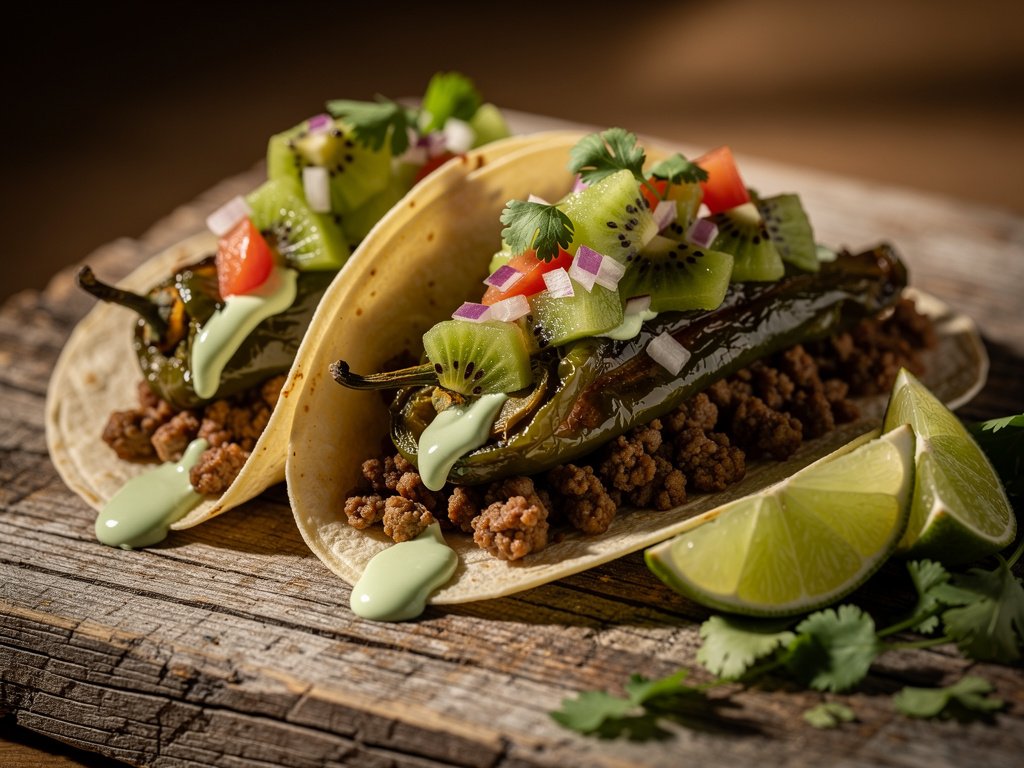 Southwest Pork Tacos with Kiwi Salsa and Lime Crema