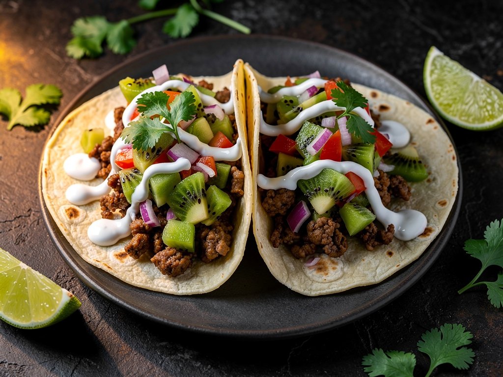 Southwest Pork Tacos with Kiwi Salsa and Lime Crema