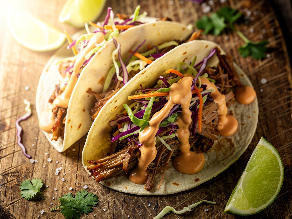 Southwest Pulled Pork Tacos with Tangy Cabbage Slaw and Hot Sauce Crema