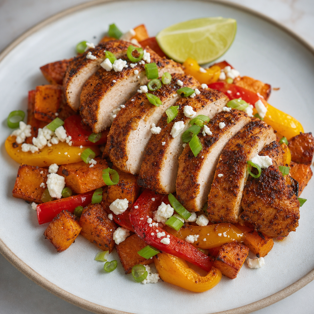 Southwest-Spiced Chicken with Roasted Sweet Potatoes, Peppers and Feta