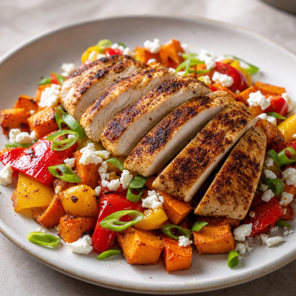 Southwest-Spiced Chicken with Roasted Sweet Potatoes, Bell Peppers and Feta