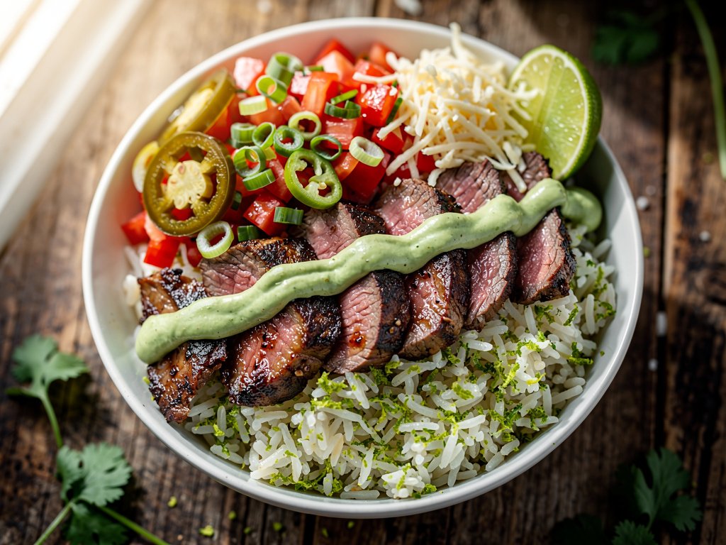 Southwest Steak and Lime Rice Bowls with Avocado Crema