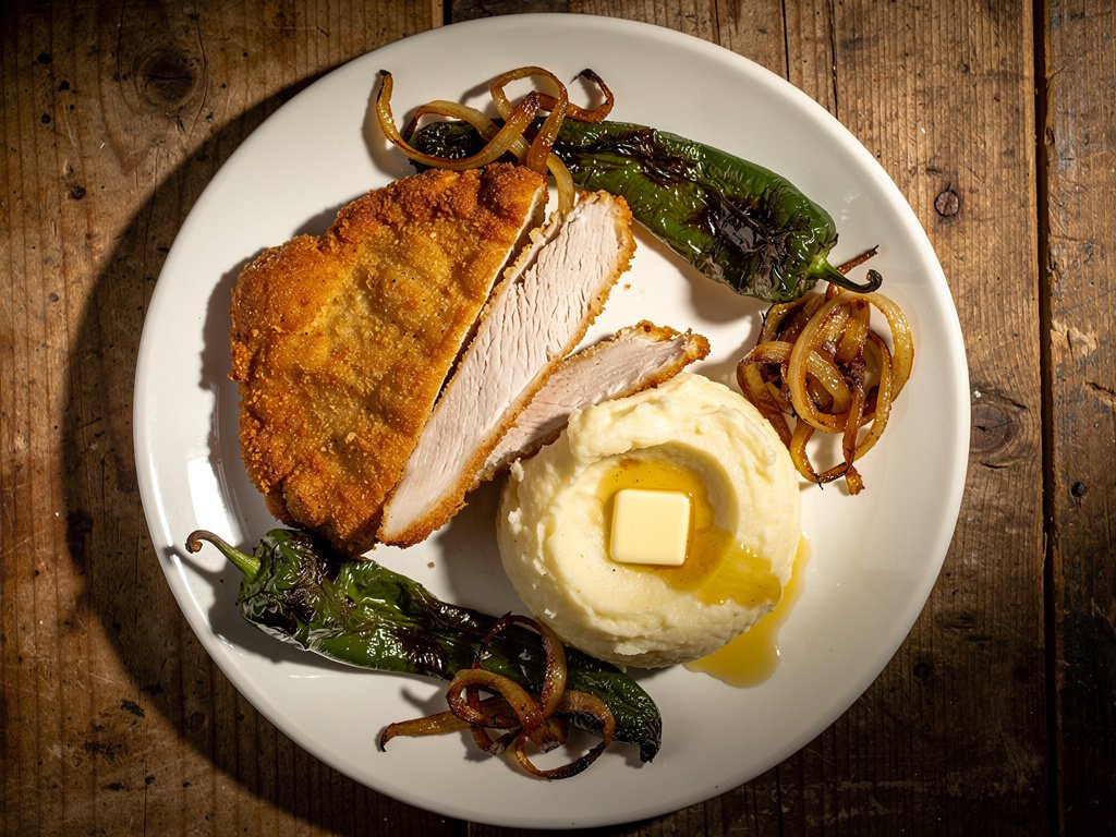 Southwestern Chicken Cutlets with Cheesy Mashed Potatoes and Roasted Poblanos
