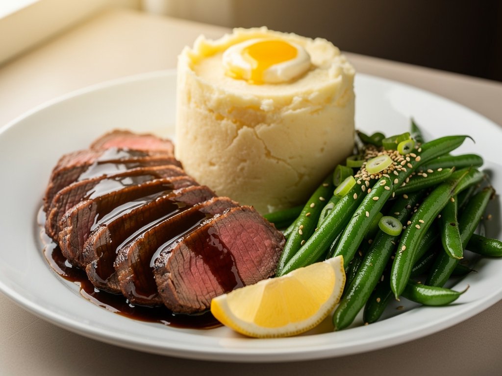 Soy-Glazed Beef Tenderloin with Horseradish Mashed Potatoes and Sesame Green Beans