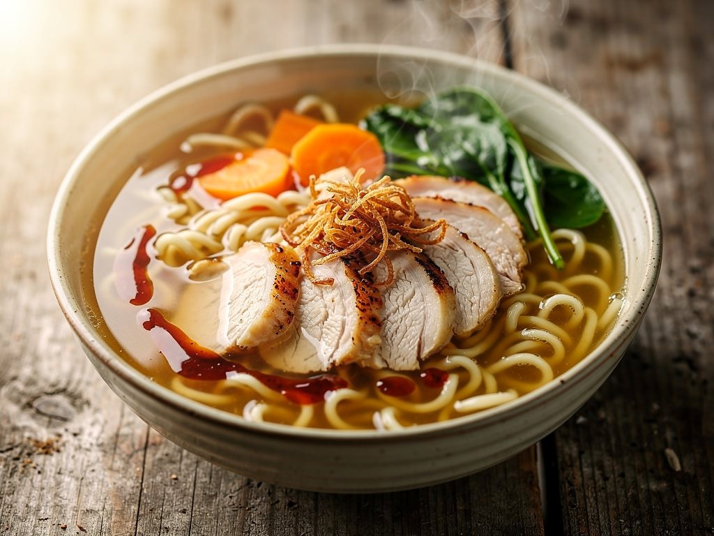 Soy-Infused Chicken Ramen with Chili Garlic Oil and Crispy Onions