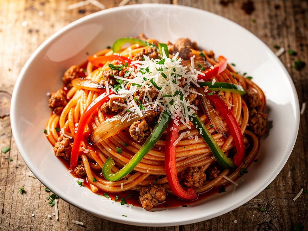 Spaghetti with Italian Sausage, Bell Peppers & Tomato Sauce