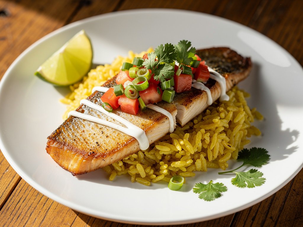 Spiced Barramundi with Yellow Rice and Fresh Salsa
