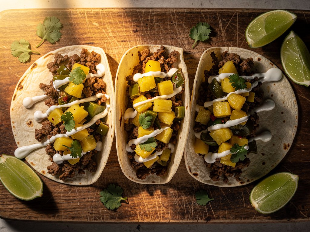 Spiced Beef Tacos with Pineapple Poblano Salsa and Lime Crema