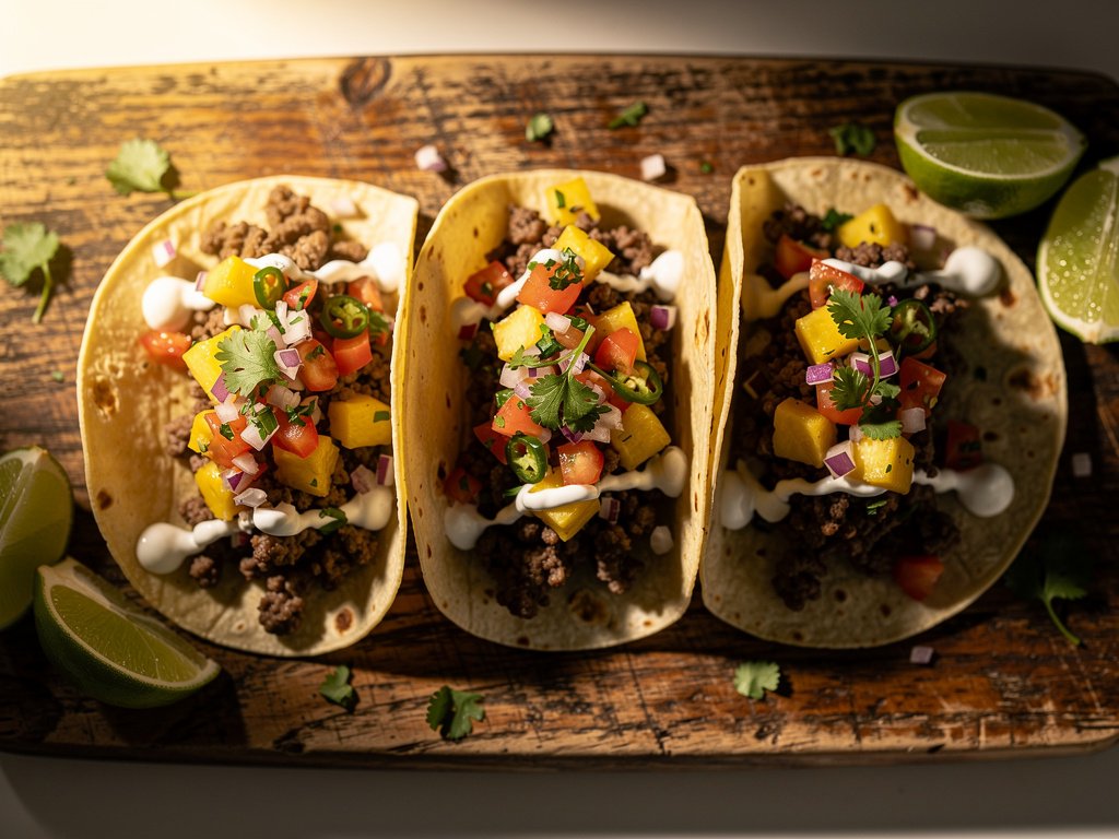 Spiced Beef Tacos with Pineapple Poblano Salsa and Lime Crema