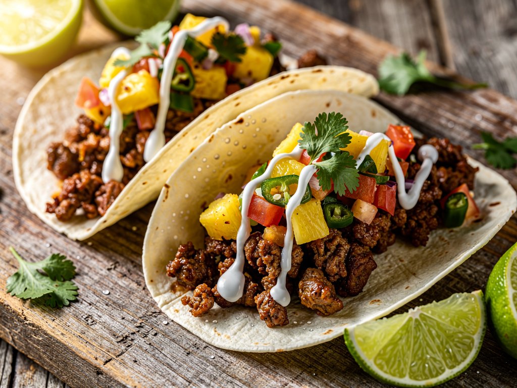 Spiced Beef Tacos with Pineapple Poblano Salsa and Lime Crema