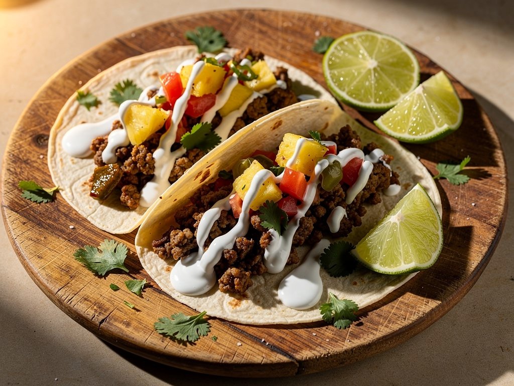 Spiced Beef Tacos with Pineapple Poblano Salsa and Lime Crema