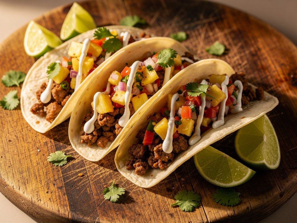 Spiced Beef Tacos with Pineapple Poblano Salsa and Lime Crema