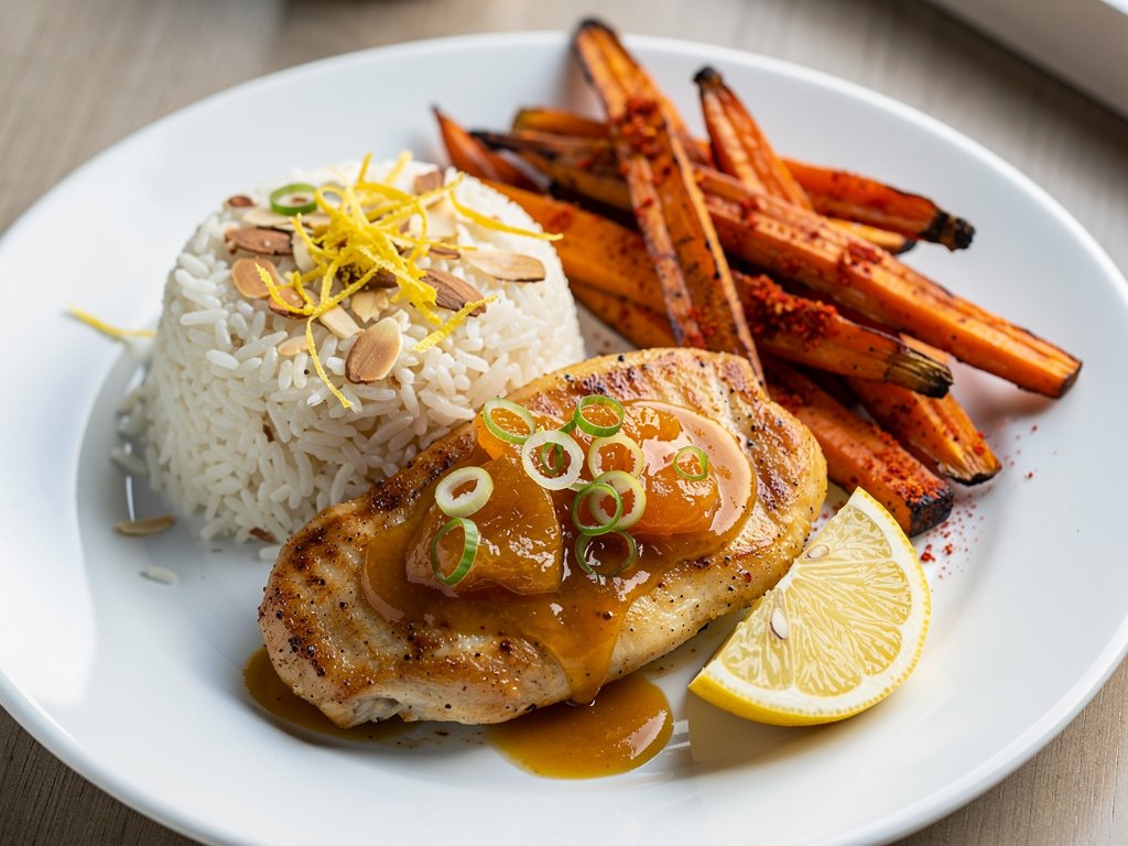 Spiced Chicken with Apricot Sauce, Harissa Carrots, and Lemon Almond Rice