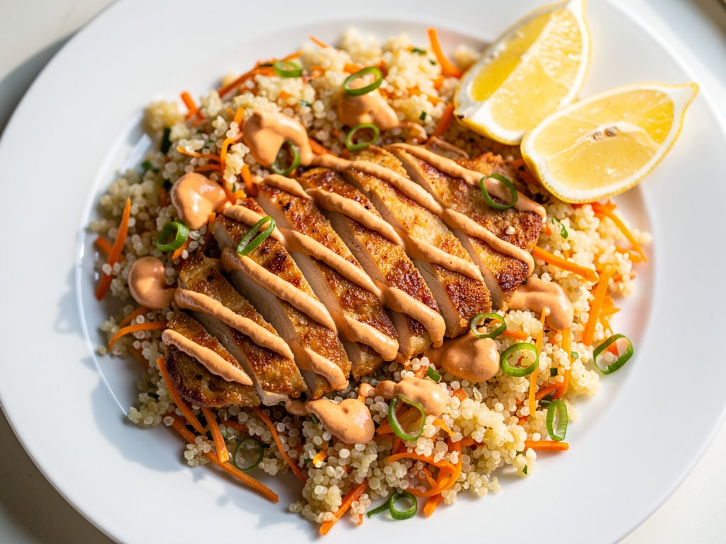 Spiced Chicken Cutlets with Lemon-Harissa Crema and Carrot Couscous