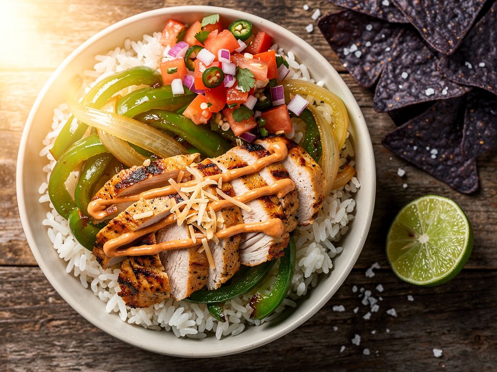 Spiced Chicken Fajita Bowl with Pico de Gallo and Chili Lime Crema