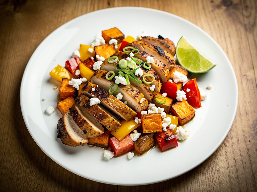 Spiced Chicken with Roasted Sweet Potato and Bell Pepper Feta Jumble