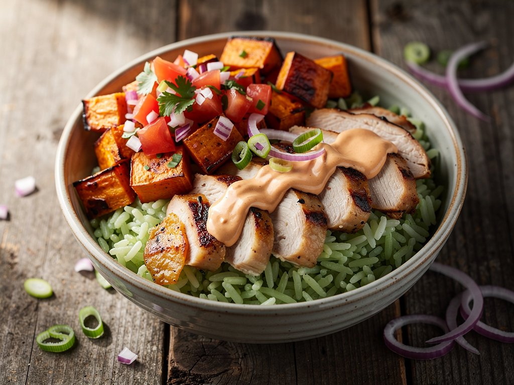 Spiced Chicken and Sweet Potato Rice Bowls with Chipotle Crema