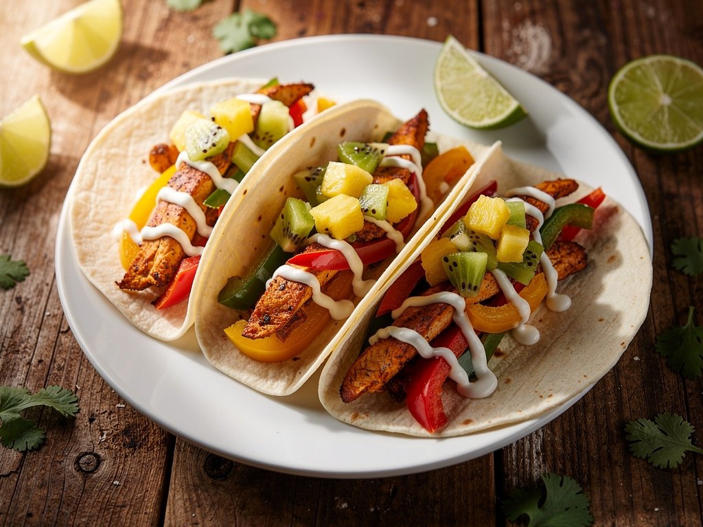 Spiced Chicken Tacos with Tropical Fruit Salsa and Lime Crema