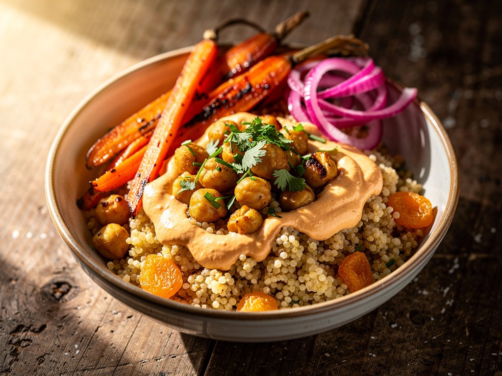 Spiced Chickpea Couscous Bowls with Roasted Veggies and Harissa Yogurt