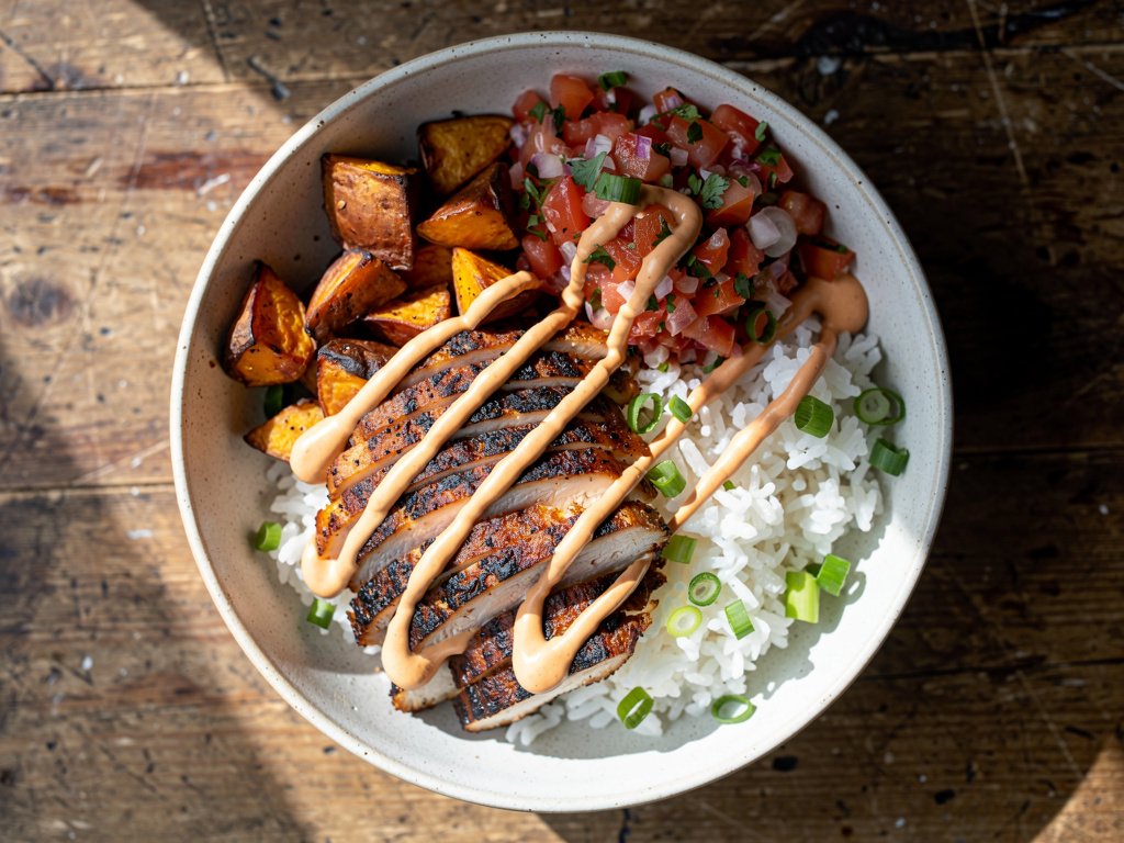 Spiced Chipotle Chicken Bowls with Roasted Sweet Potato and Lime Rice
