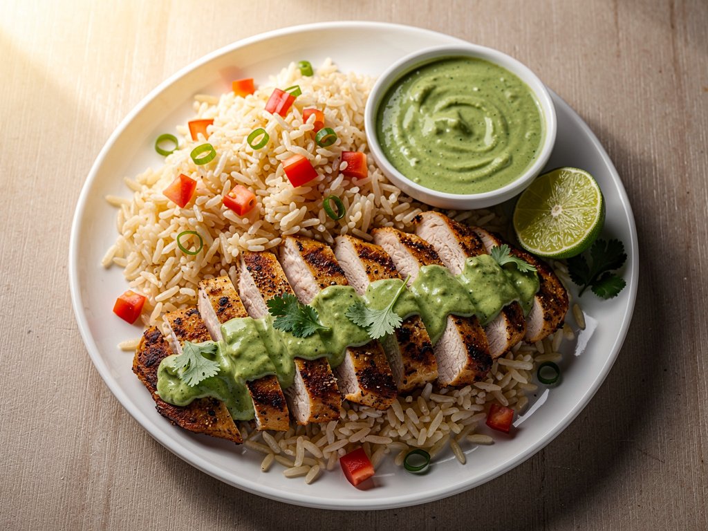 Spiced Peruvian Chicken with Garlic Rice and Creamy Cilantro Sauce
