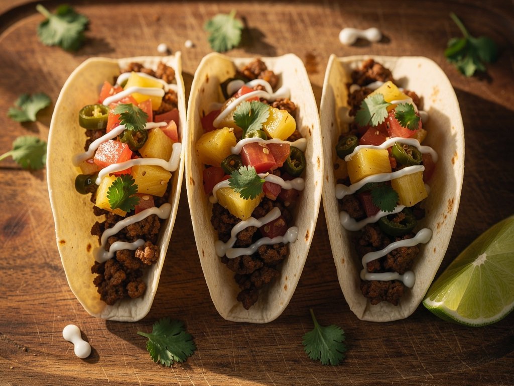 Spiced Pineapple Poblano Beef Tacos with Lime Crema