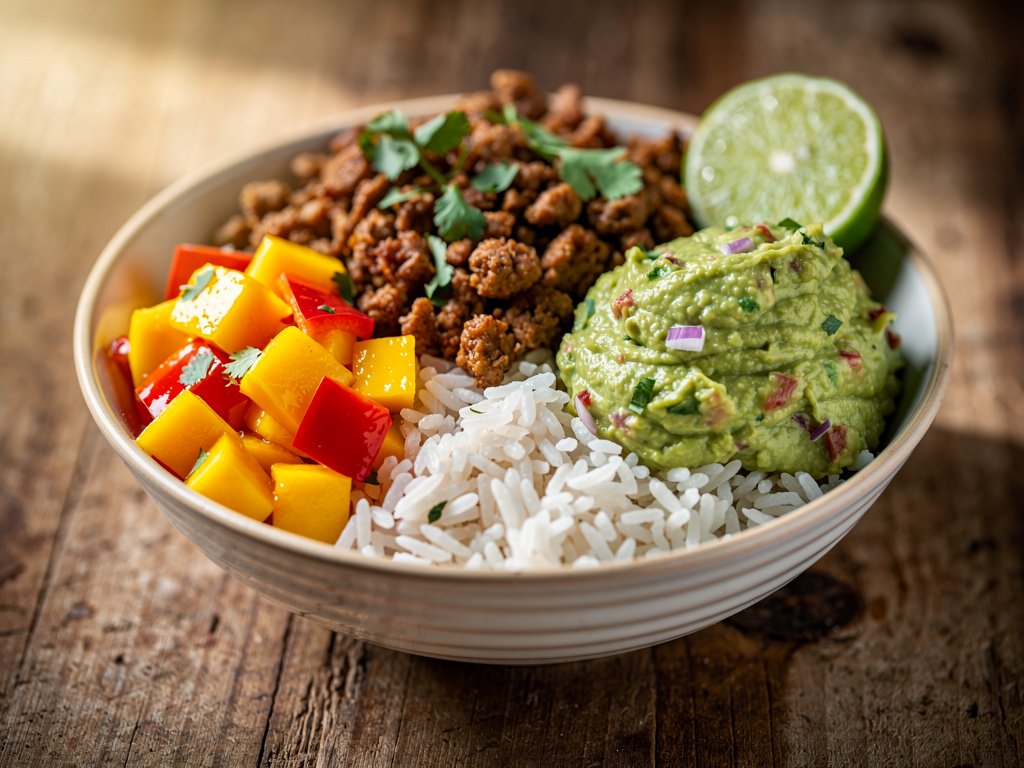 Spiced Pork Burrito Bowls with Mango-Bell Pepper Relish and Guacamole