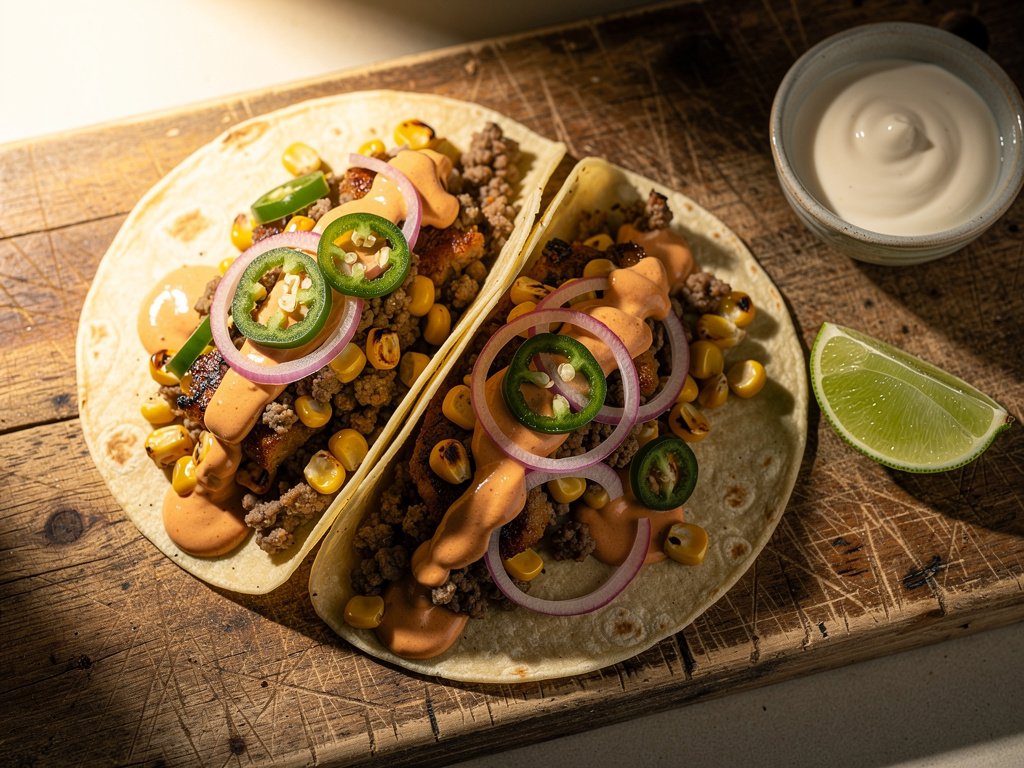 Spiced Pork and Street Corn Tacos with Chili Lime Crema