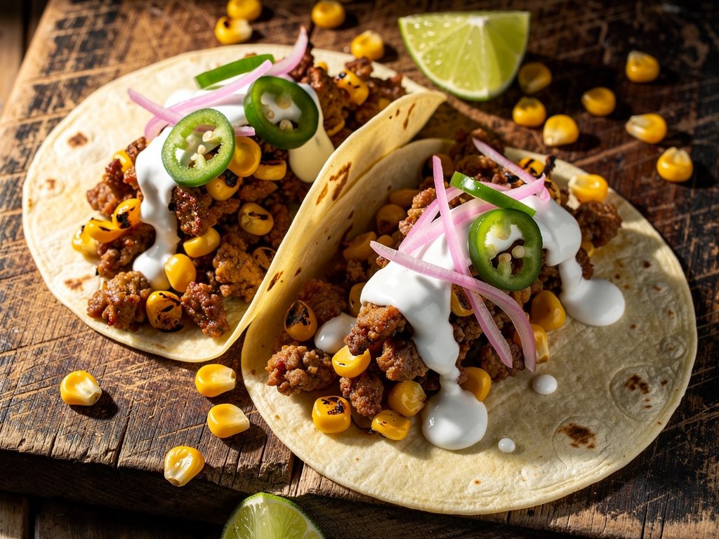 Spiced Pork Tacos with Charred Street Corn and Chili Lime Crema