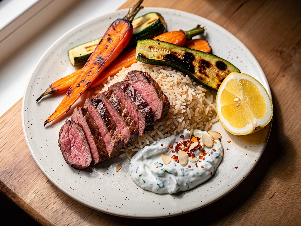 Spiced Steak with Basmati Rice, Tzatziki, and Smoky Roasted Vegetables