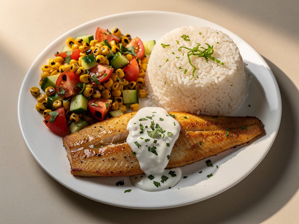 Spiced Tilapia with Charred Corn Salad and Lime Rice