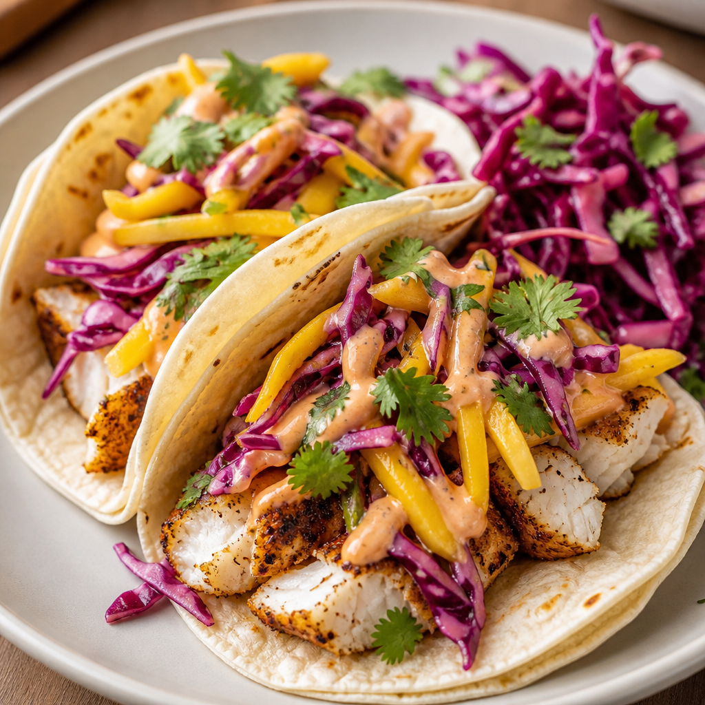 Spiced Tilapia Tacos with Mango Red Cabbage Slaw and Chipotle Crema