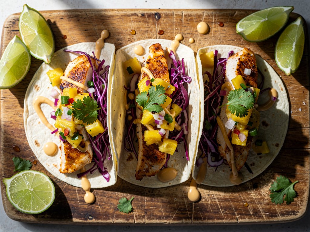 Spiced Tilapia Tacos with Pineapple Salsa and Red Cabbage Slaw