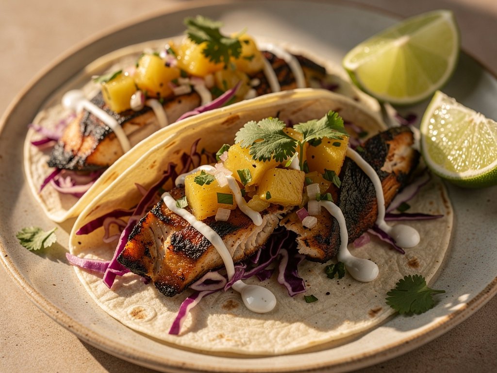 Spiced Tilapia Tacos with Caramelized Pineapple Salsa and Crunchy Slaw