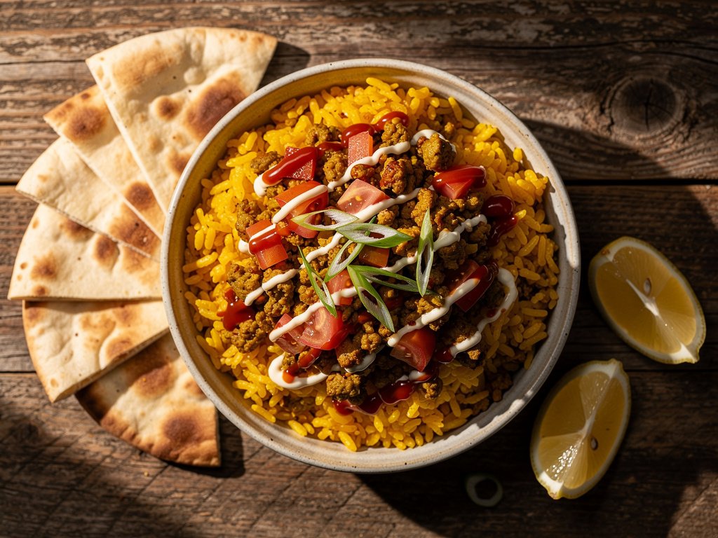 Spiced Turkey Bowls with Turmeric Rice and Creamy White Sauce