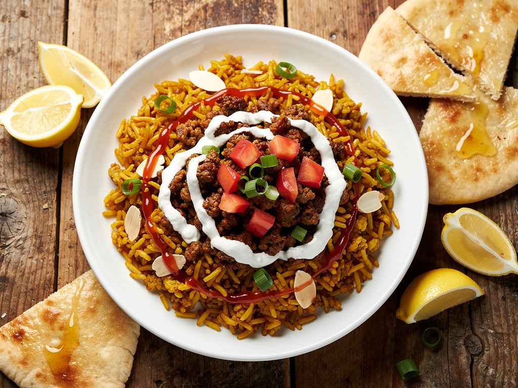 Spiced Turkey Rice Bowls with Turmeric Almond Rice and Creamy White Sauce