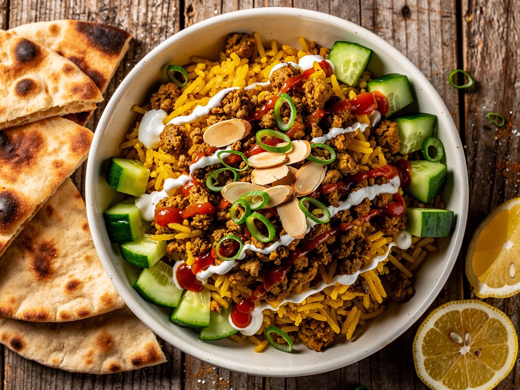 Spiced Turkey Rice Bowls with Turmeric, White Sauce, and Warm Pitas