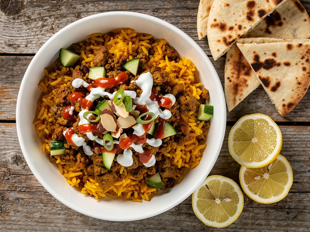 Spiced Turkey Rice Bowls with Turmeric, White Sauce, and Warm Pitas
