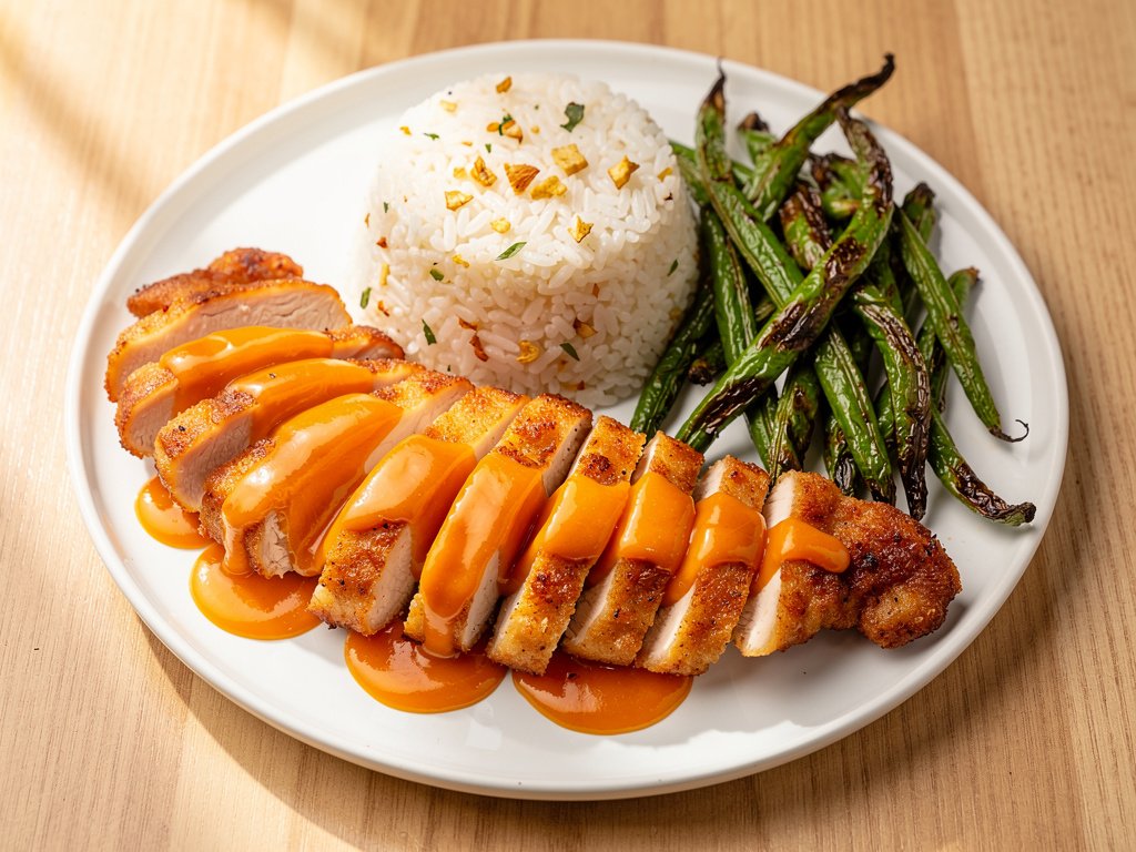 Spicy Apricot Glazed Chicken with Garlic Rice and Roasted Green Beans