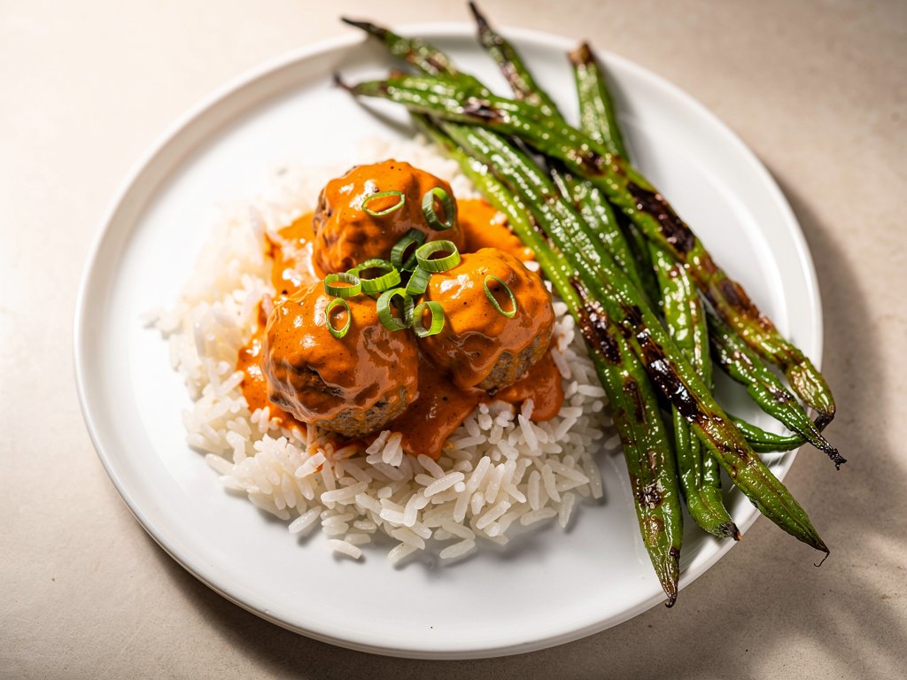 Spicy Asian Meatballs with Creamy Firecracker Sauce and Roasted Green Beans